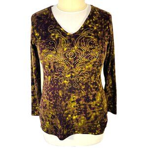 MISS TINA by Tina Knowles Tunic Top Womens L Long Sleeve Gold Flourish Abstract